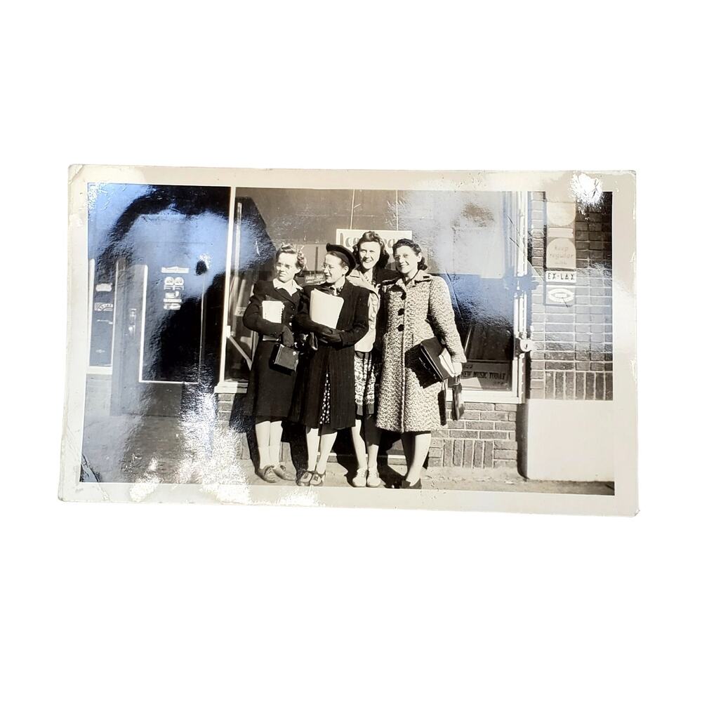 Vtg Girlfriends Posing Together at Store Front Original Monochrome Photography
